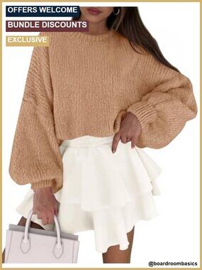 Chunky Knit Oversized Pullover Sweater Lantern Sleeve Crewneck Women's
